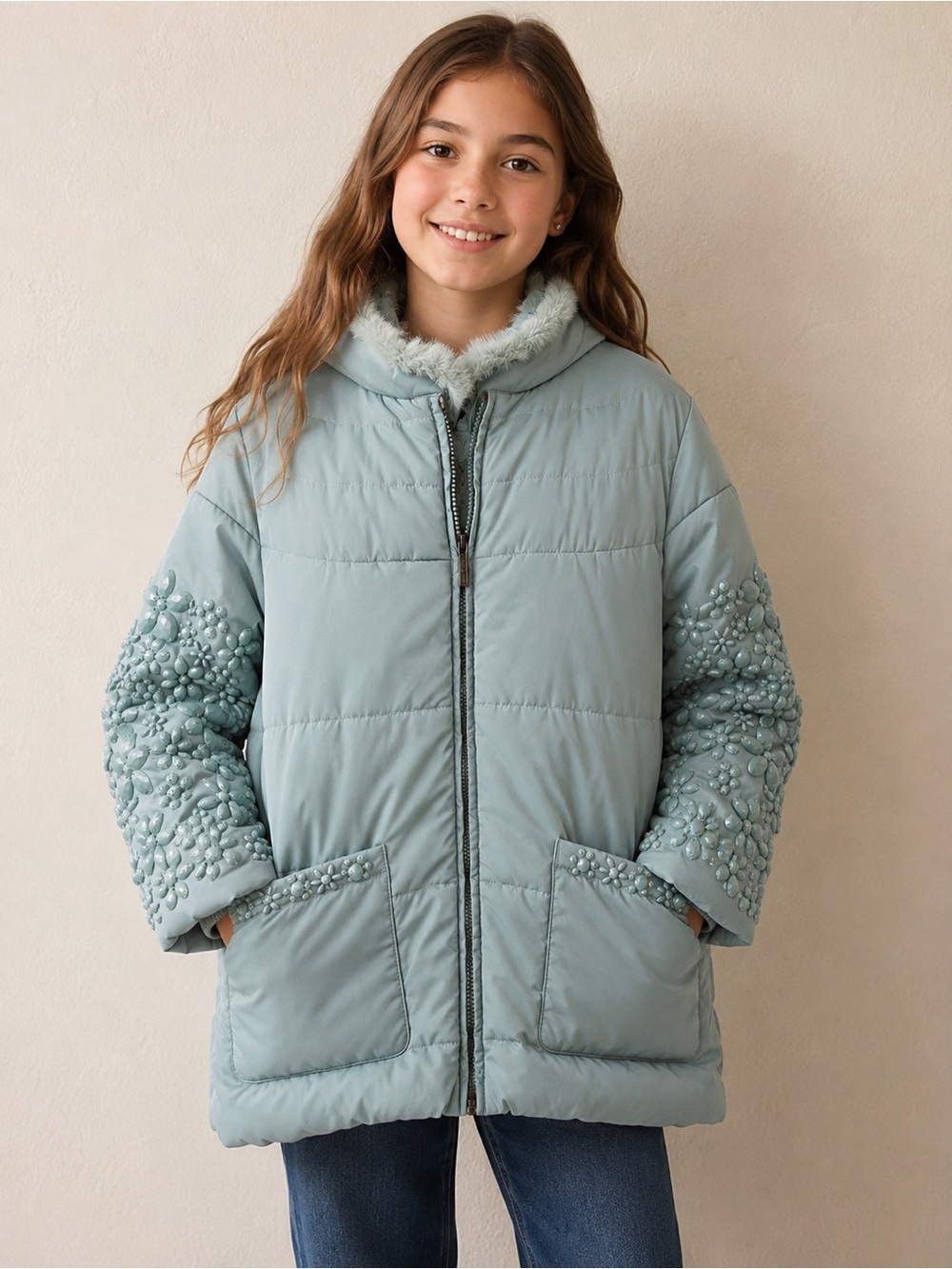 Twinset Simona Barbieri Girls XL Mint Green White Duck Down Puffer Jacket Coat